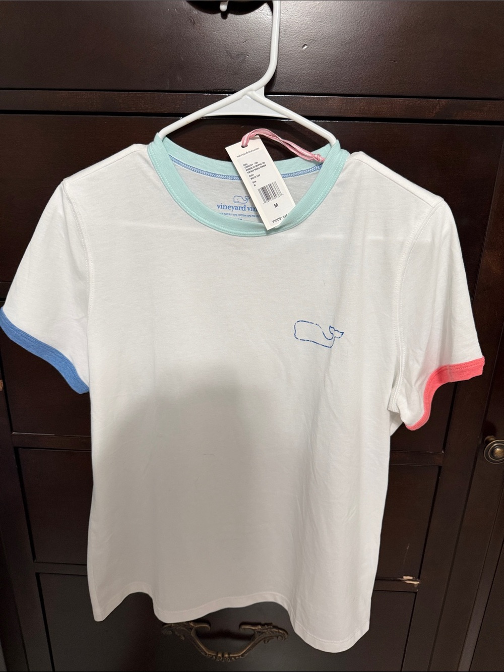 Vineyard Vines White  Ringer Tee with Mint Neckline and Pastel Sleeve Cuffs